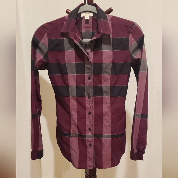 Burberry Tops - Burberry button down blouse, burgundy & black plaid, size 2